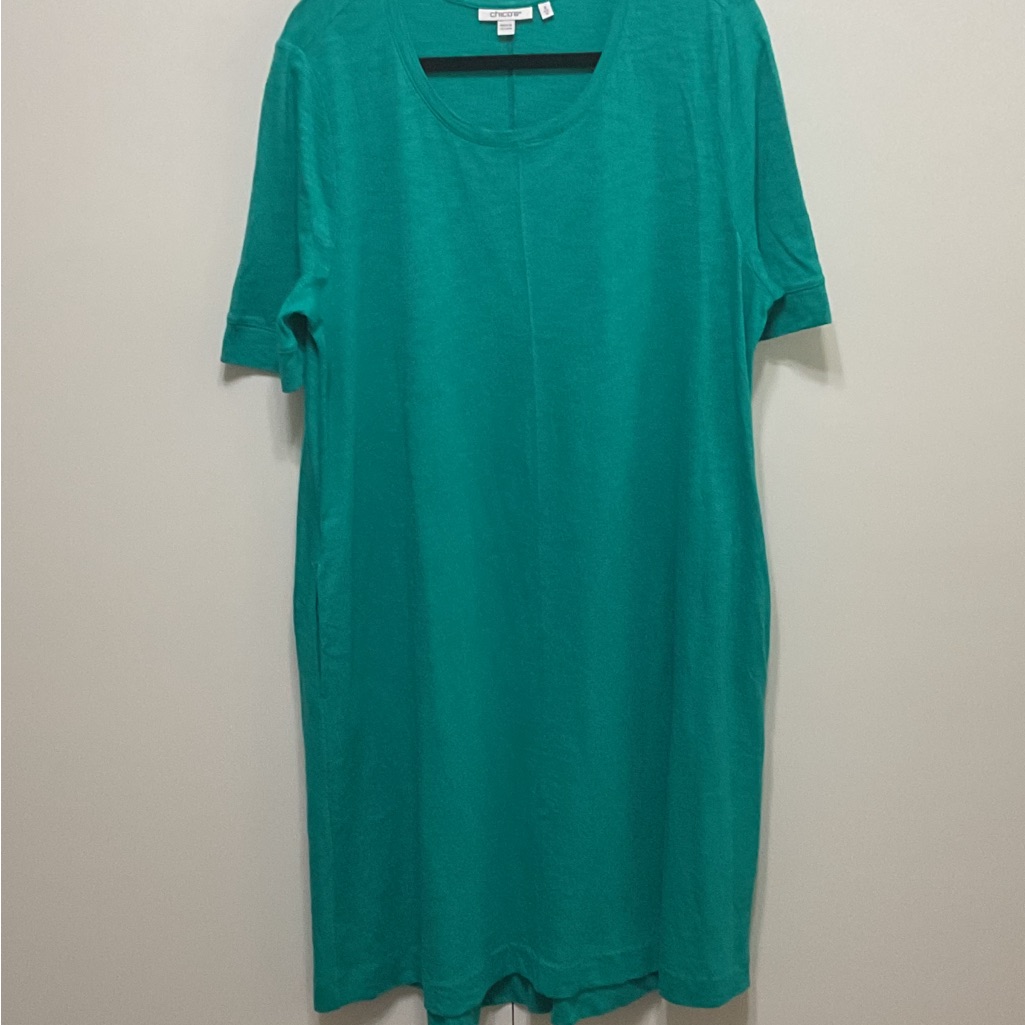 Chico's Teal Green Slub Knit Scoop Neck Tee Dress With Pockets, Sz 2 (L,12/14)